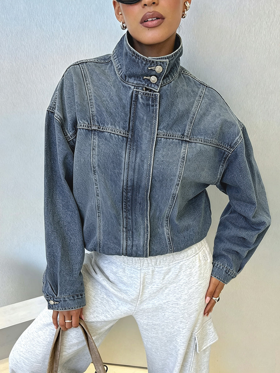 Veste boutonnée ample à fermeture éclair, à taille élastique, à manches longues, à col montant