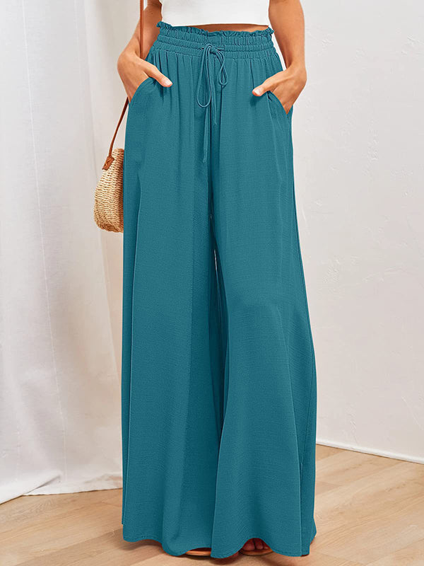 Pantalon ample plissé taille haute, à cordon de serrage, à taille élastique, à poches, couleur unie