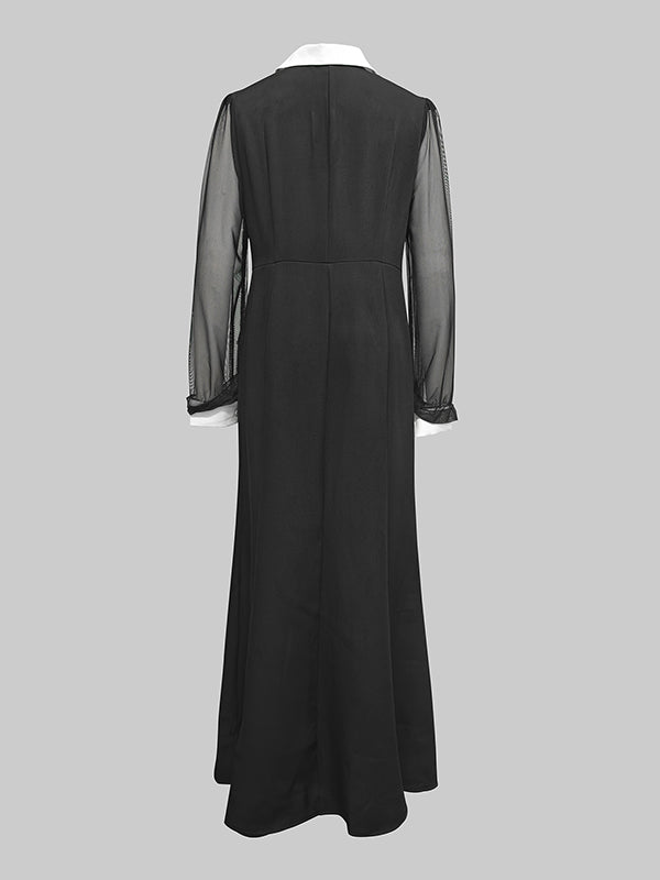 Robe chemise boutonnée transparente fendue sur le côté à manches longues, à col revers, couleur unie