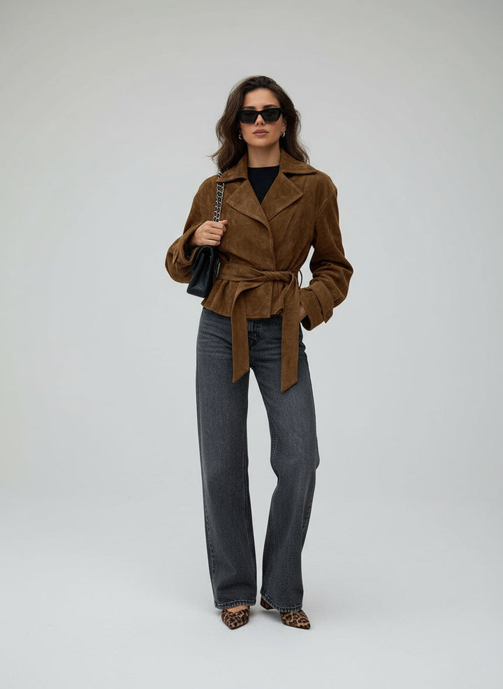 Vydra | Manteau Wrap Femme En Suède Brun Avec Ceinture
