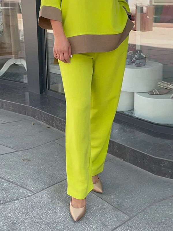 Ensemble deux pièces ample fendu sur le côté à manches trois-quarts, à col rond, couleur contrastée – chemise + haut + pantalon