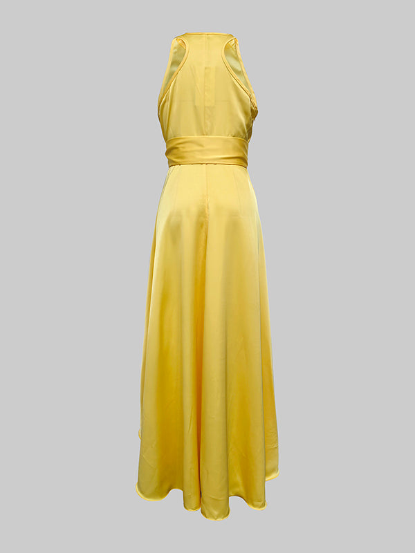 Robe longue ample à ourlet plongeant, à bordure volantée, à taille nouée, à col en V, couleur unie
