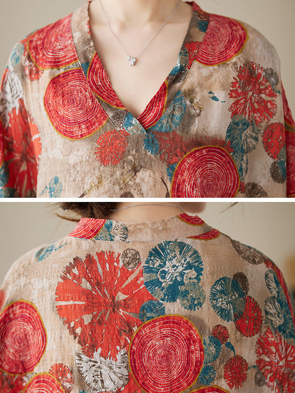 Robe longue ample imprimée à manches courtes, à col en V