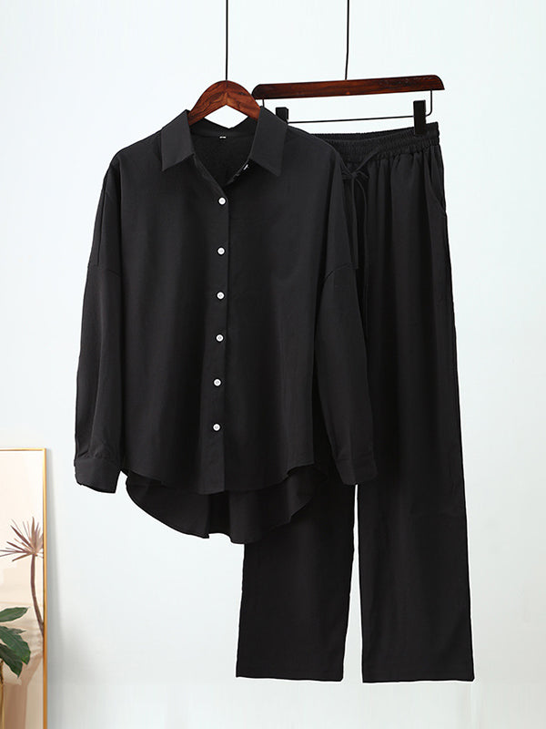 Ensemble deux pièces à ourlet plongeant, à manches longues, à col revers, à cordon de serrage, couleur unie – chemisier + pantalon