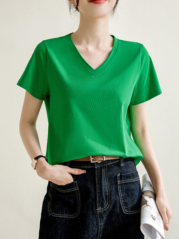 T-shirt ample à manches courtes, à col en V, couleur unie