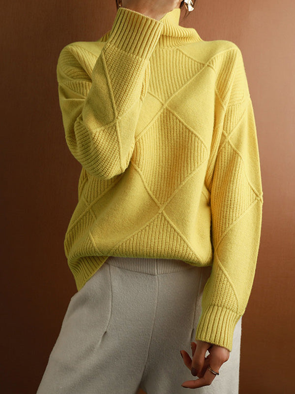 Pull décontracté ample rayé à col haut, à manches longues, couleur unie