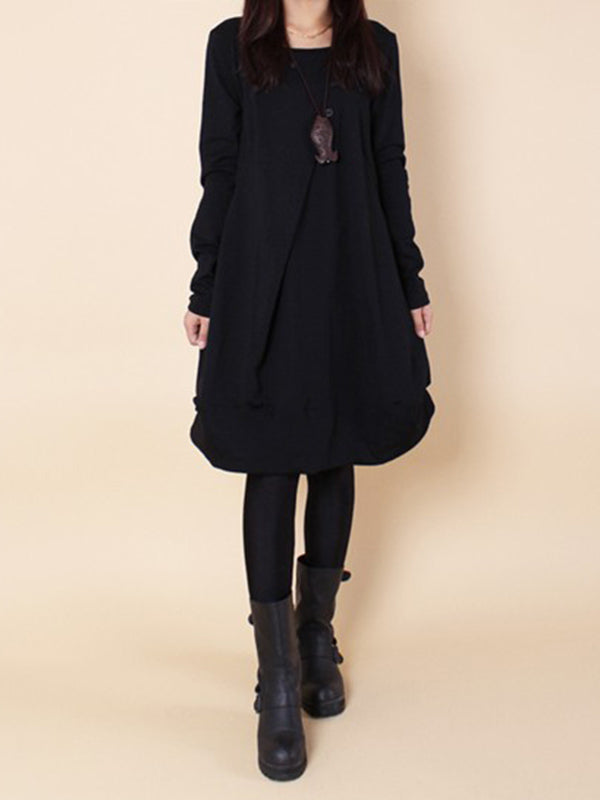 Robe longue plissée coupe trapèze, à manches longues, à col rond, couleur unie