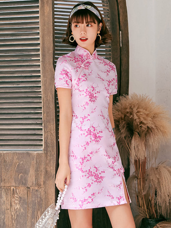 Cheongsam court à col montant imprimé fleurs de prunier