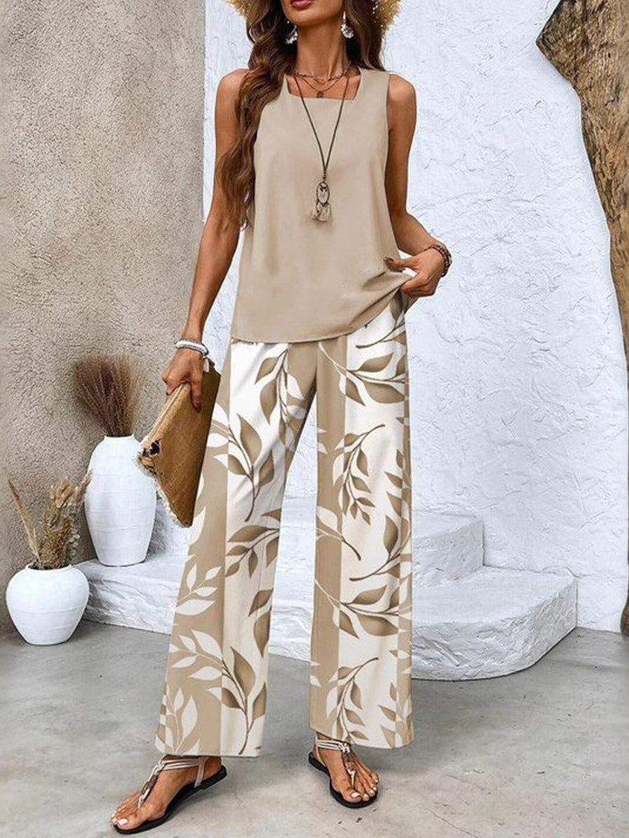 Ensemble deux pièces ample à col carré, à imprimé feuilles, à poches, taille haute, couleur unie, couleur contrastée – débardeur + pantalon