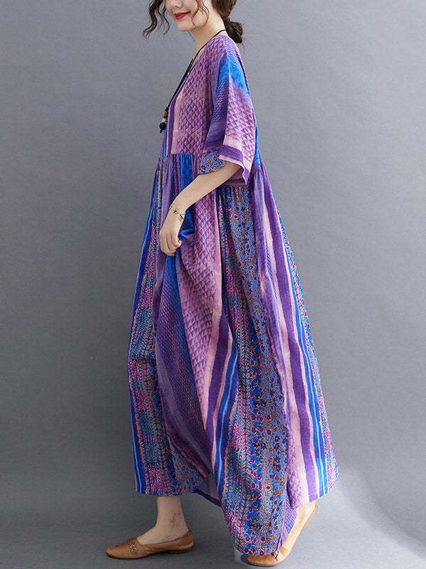 Robe mi-longue vintage à imprimé floral rayé et poche latérale