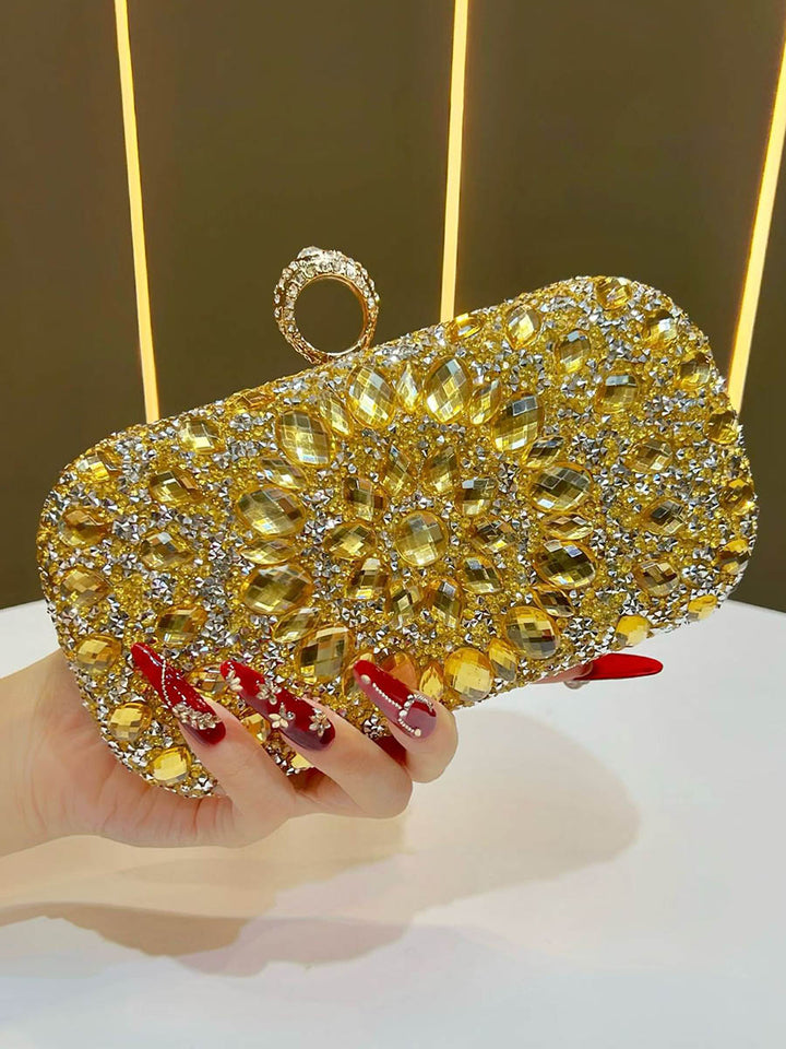 Pochette de soirée géométrique brillante à chaîne, à cadenas, à strass