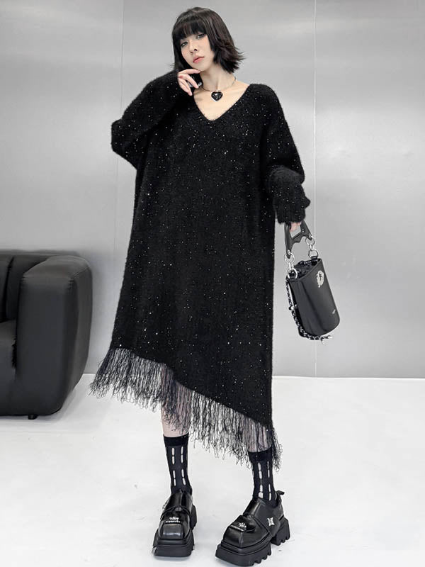 Robe pull brillante à coupe irrégulière, à manches longues, à sequins, à empiècements, à pompons, à col en V, couleur contrastée