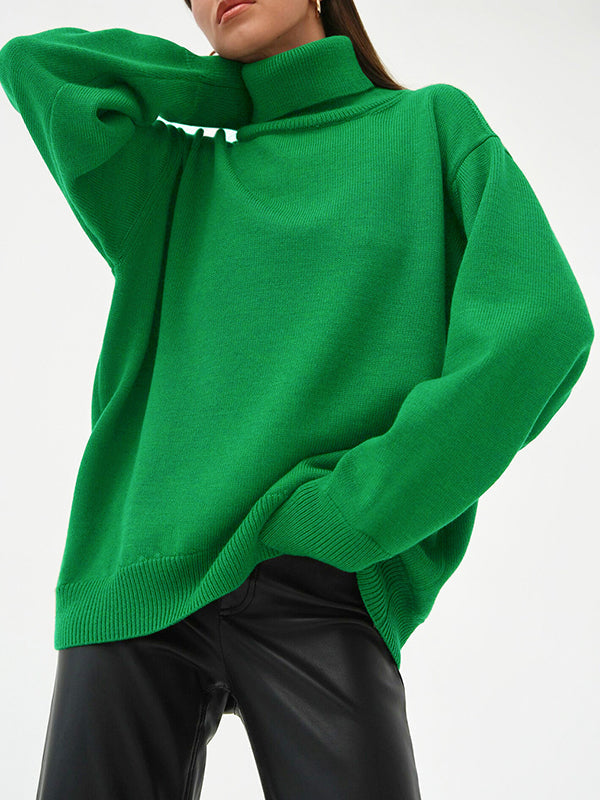 Pull en maille ample à manches longues, à col haut, couleur unie