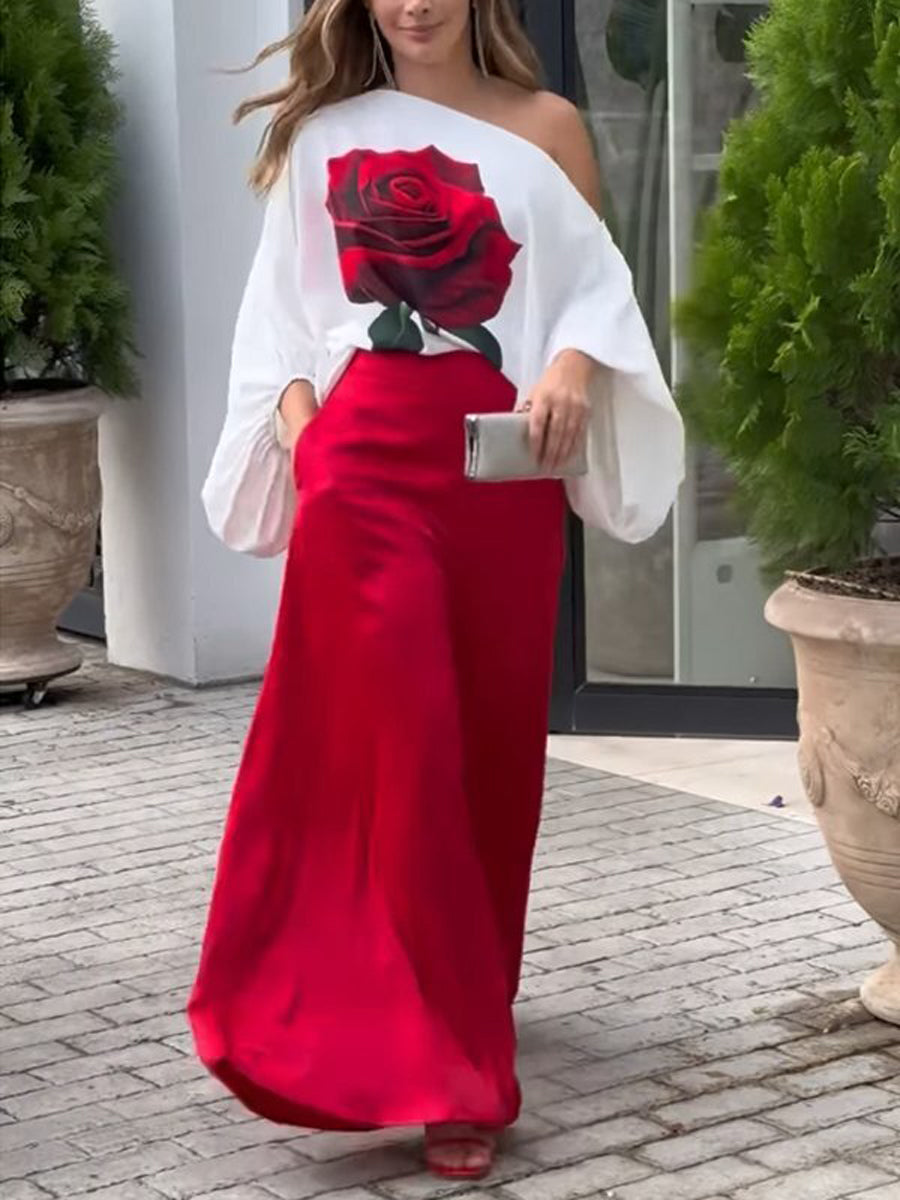 Ensemble deux pièces asymétrique taille haute, à manches longues, à taille élastique, à imprimé floral, à poches, asymétrique à une épaule, couleur unie
