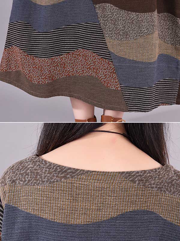 Robe mi-longue artistique ample rayée multicolore rétro, en coton et ramie, à col rond, à manches longues