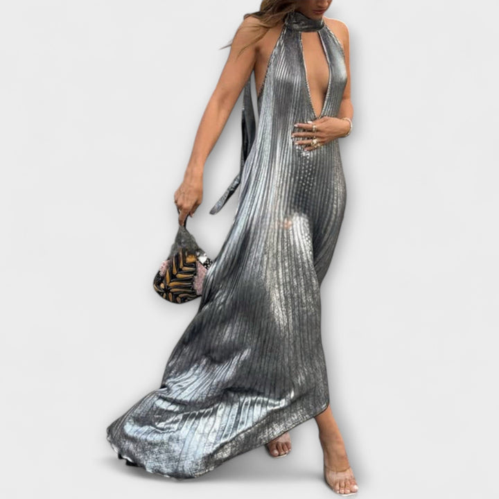 Calliope - Robe Maxi A-Ligne en Plissé Métallique