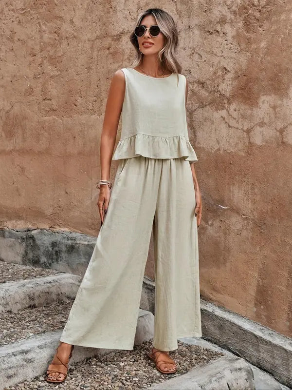 Lotte | Ensemble Femme Top à Volants Boutons au Dos Pantalon Large
