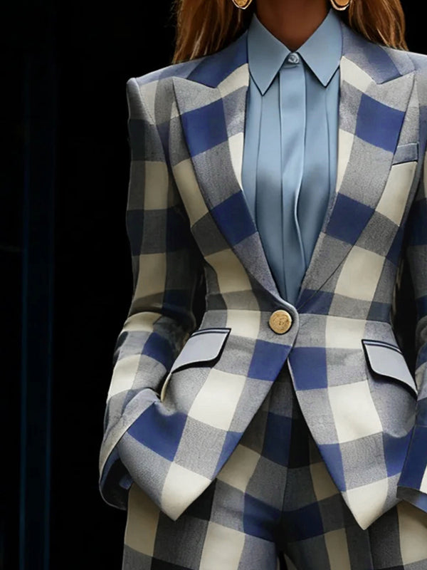 Blazer ample boutonné à manches longues, à carreaux, à poches, à col cranté, couleur contrastée