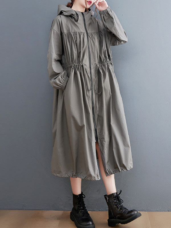 Trench-Coat décontracté à capuche, couleur unie, ample, fermeture éclair, cordon de serrage, manches longues