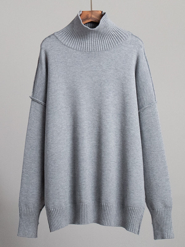 Pull ample à manches longues, à empiècements, à col haut, couleur unie