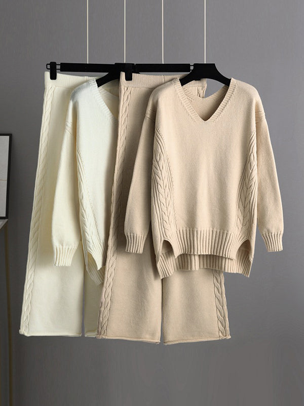Ensemble deux pièces élégant ample à manches longues, à col en V, à jambes larges, couleur unie – pull + pantalon