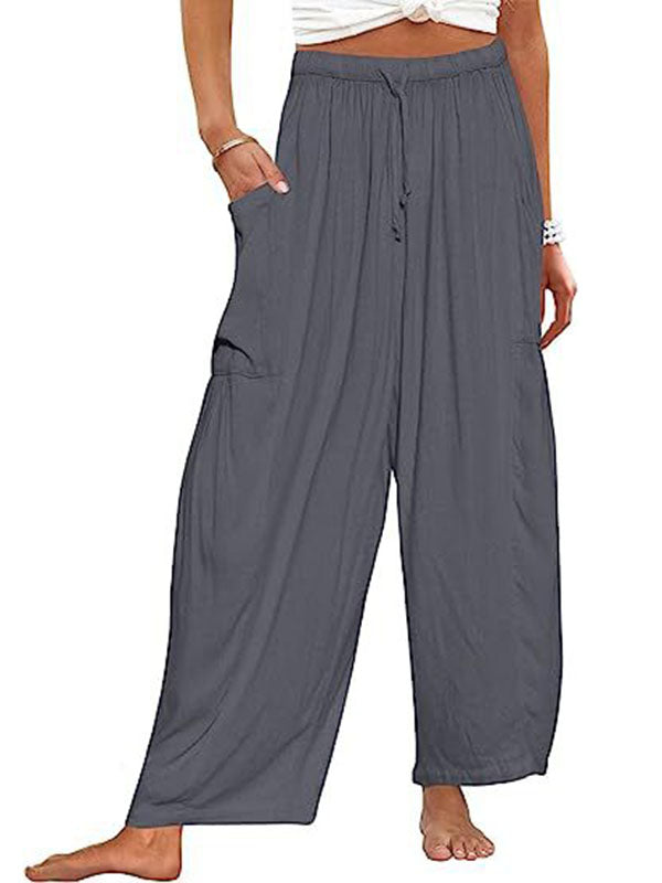 Pantalon ample plissé taille haute, à cordon de serrage, à taille élastique, à poches, couleur unie