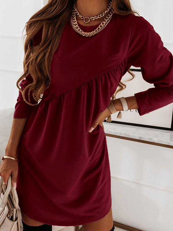 Robe courte décontractée ample à manches longues, à col rond, couleur unie