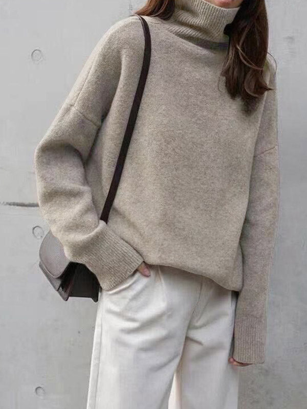 Pull décontracté ample à manches longues, à col haut, couleur unie
