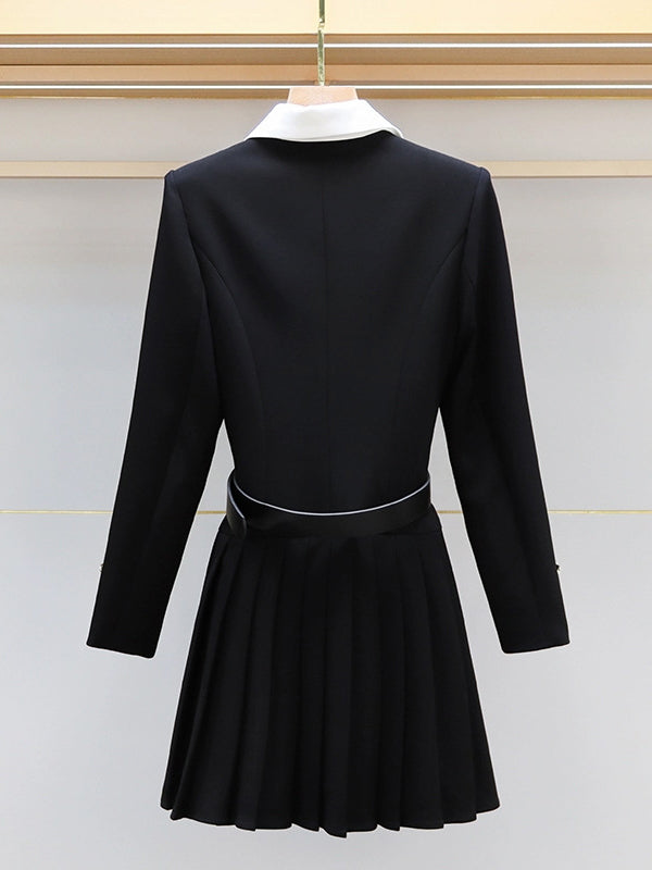 Robe chemise boutonnée plissée à taille élastique, à manches longues, avec ceinture, à boutonnage simple, à col revers, couleur contrastée