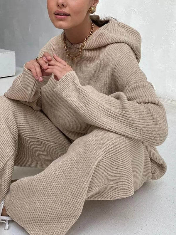 Ensemble deux pièces ample à col rond, à capuche, à manches longues, à cordon de serrage, couleur unie – pull + haut + pantalon
