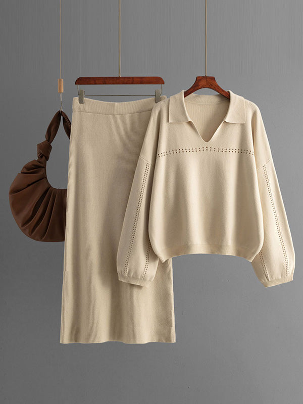 Ensemble deux pièces ample ajouré à manches bouffantes, à taille élastique, couleur unie – pull + jupe