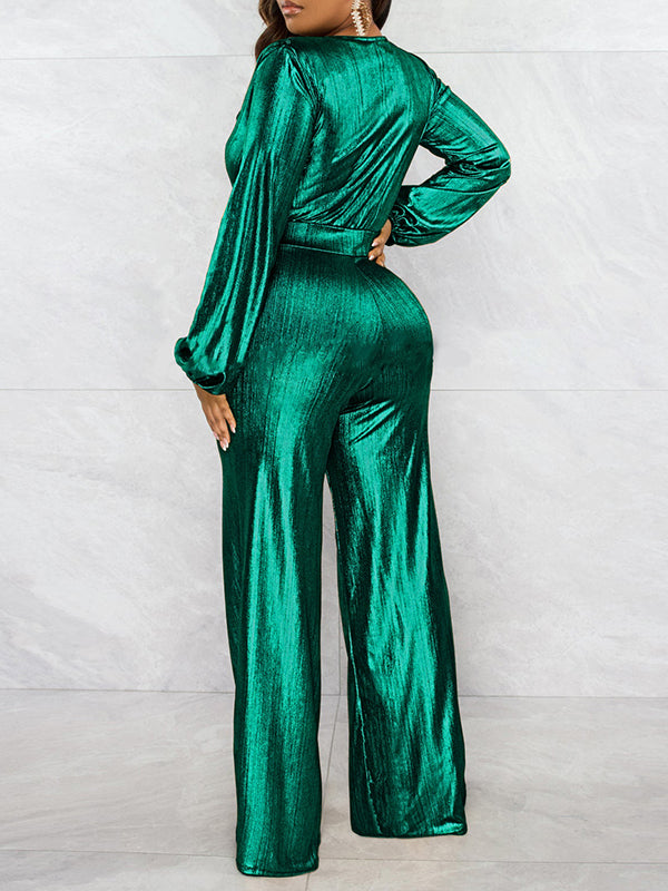 Combinaison moulante brillante taille haute, à taille élastique, à col en V, couleur unie