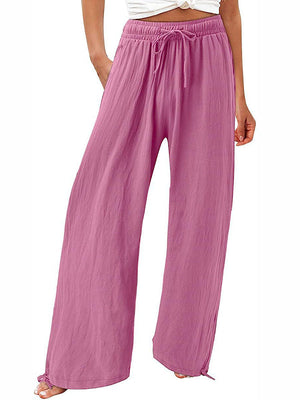 Pantalon ample à jambes larges, à cordon de serrage, à taille élastique, couleur unie