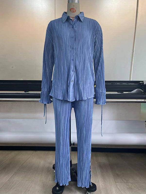 Ensemble pyjama à manches longues, manches évasées, boutonné, cordon de serrage plissé, couleur unie, chemises à revers fendues sur le côté, haut + pantalon, bas