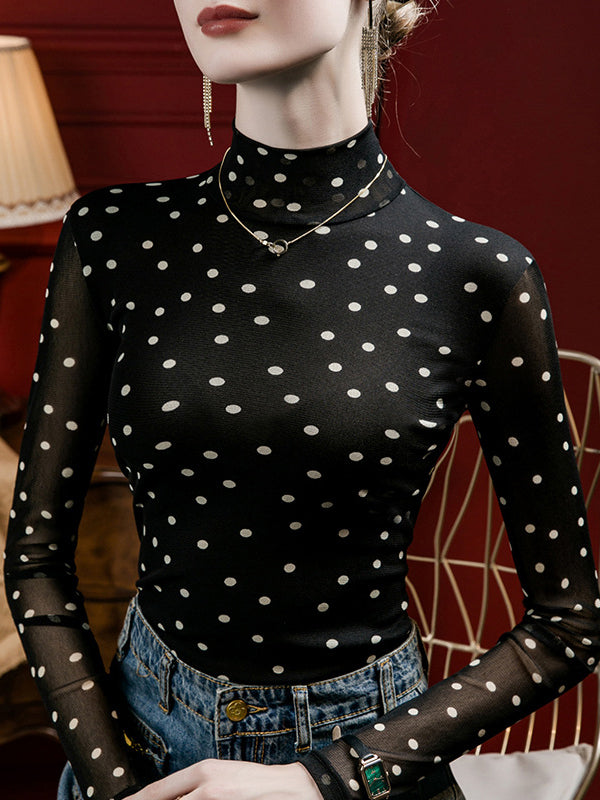 T-shirt à manches longues, grande taille, à pois, à col cheminée