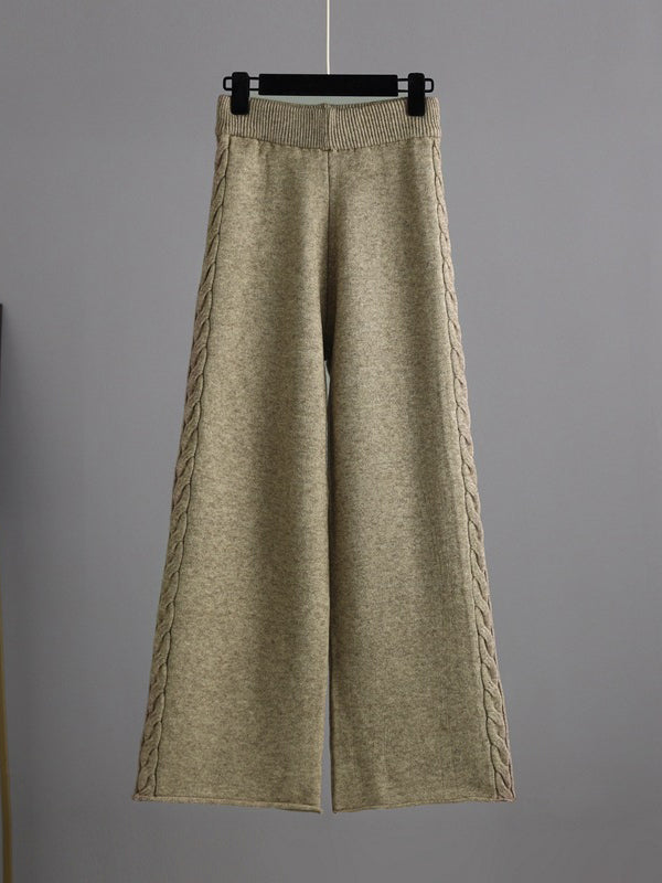 Ensemble deux pièces élégant ample à manches longues, à col en V, à jambes larges, couleur unie – pull + pantalon