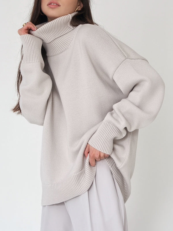Pull en maille ample à manches longues, à col haut, couleur unie