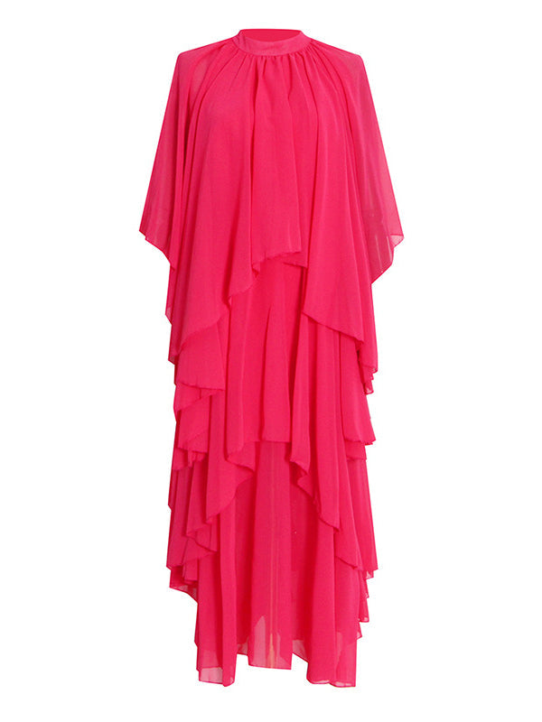 Robe longue ample à manches raglan, à volants étagés, à col montant, couleur unie