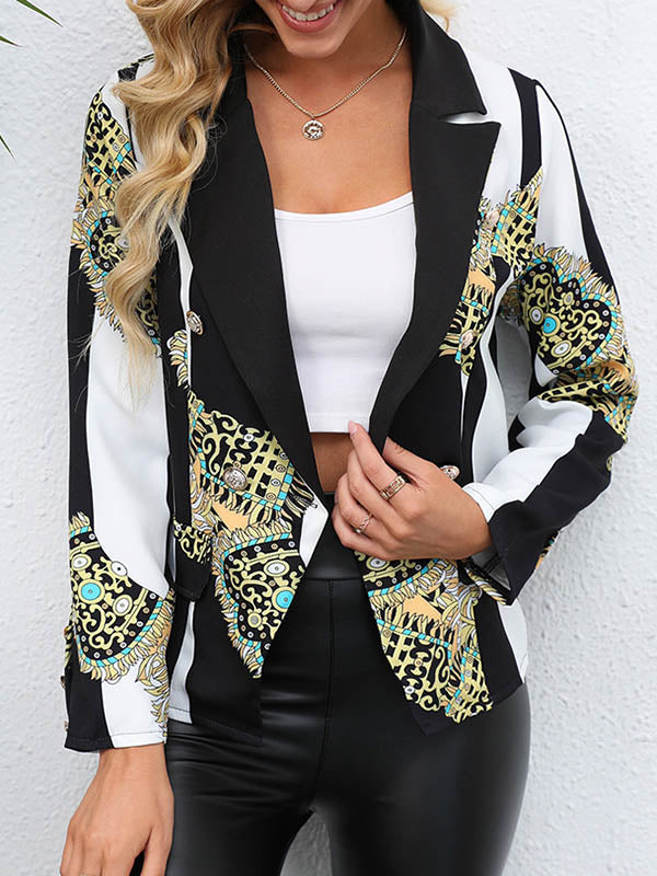 Blazer ample boutonné imprimé à manches longues, à poches, à col cranté