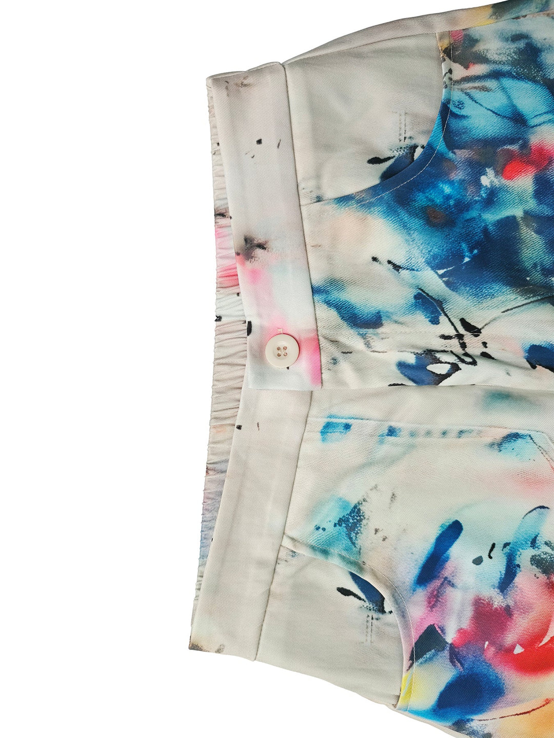 Bas de pantalon en Jean taille haute, jambe large, boutonné, couleur contrastée, poches imprimées graffitis