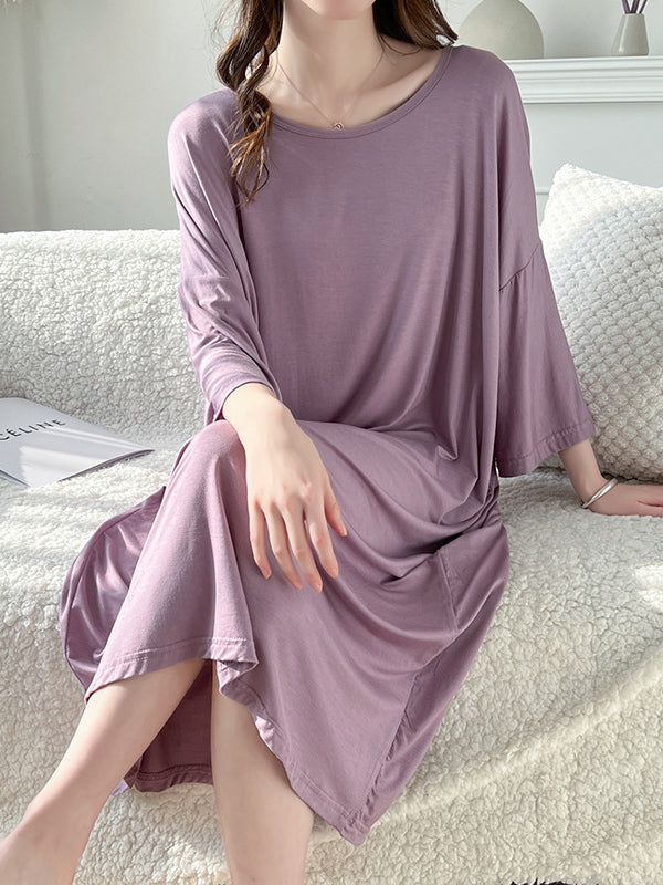 Robe de pyjama ample à taille haute, couleur unie, fendue, col rond