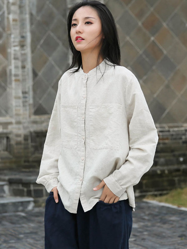 Chemisier vintage, en coton et ramie, à manches longues, couleur unie