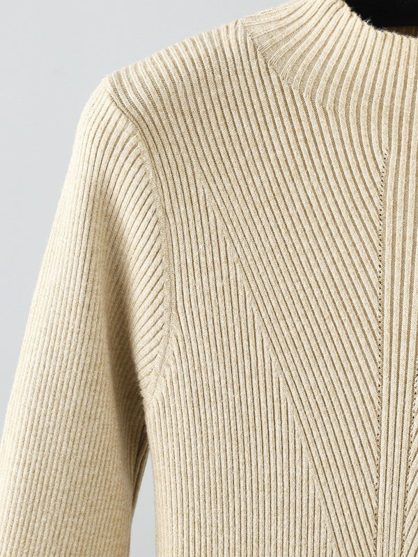 Robes pull élégantes à manches longues, taille haute plissée, couleur unie, demi-col roulé