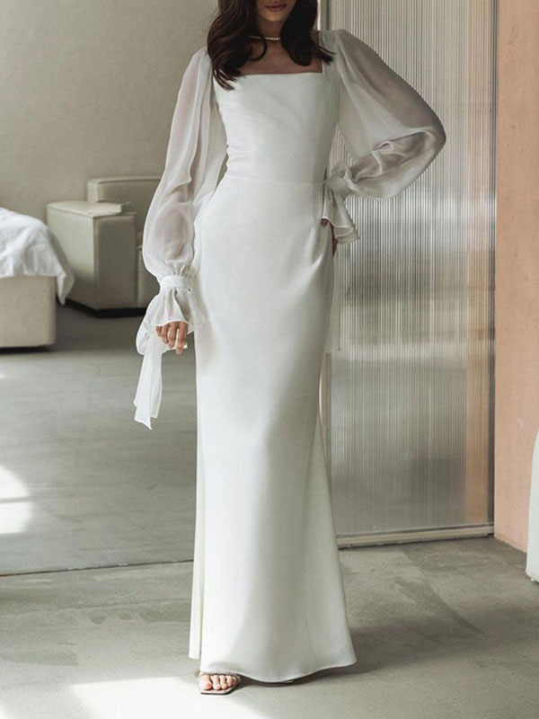 Robe longue plissée transparente à manches évasées, coupe près du corps, en gaze, à empiècements, à col carré, couleur unie