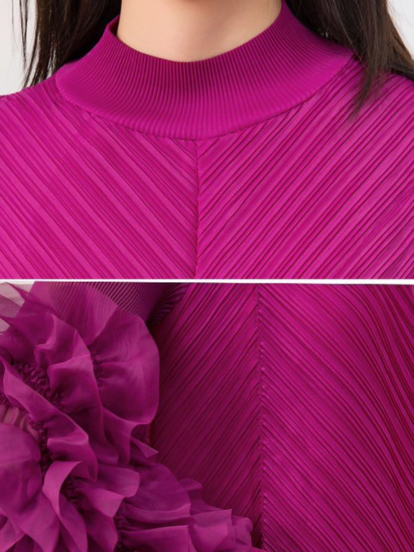 Robe mi-longue ample brodée plissée à manches longues, à col rond, couleur unie