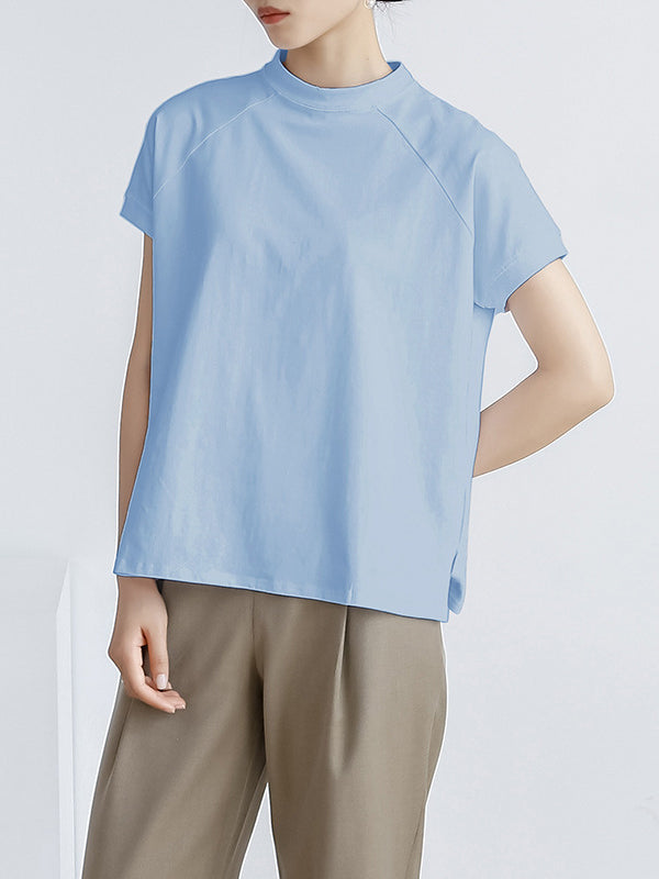 T-shirt décontracté ample à manches courtes, à col montant, couleur unie