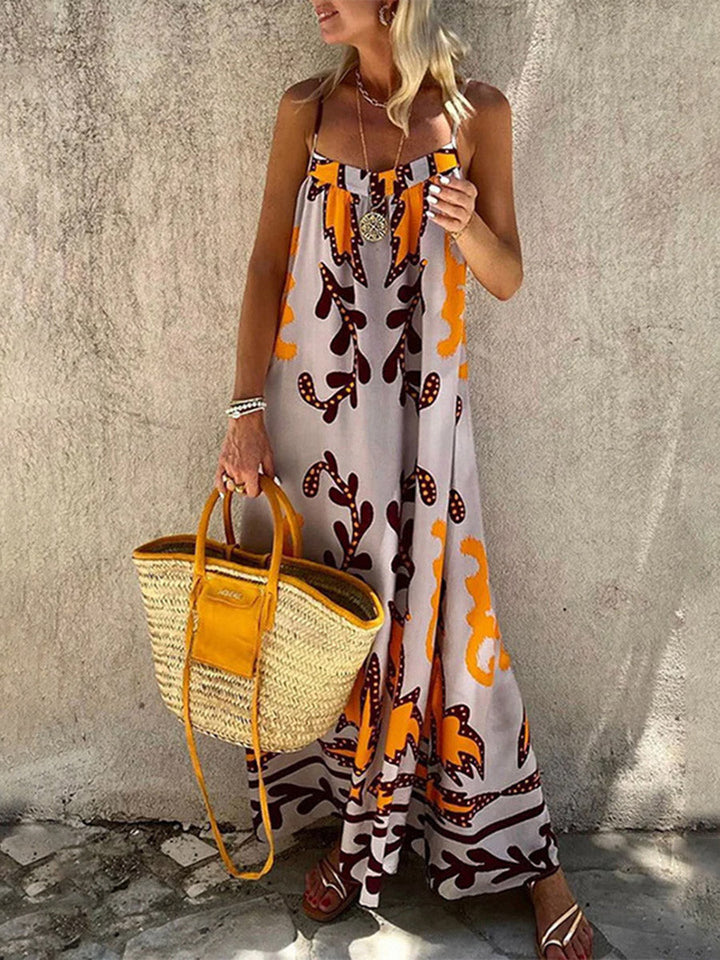 Robe mi-longue plissée imprimée coupe trapèze, taille haute, à empiècements, à fines bretelles, couleur contrastée
