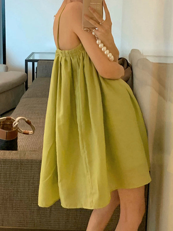Robes courtes ample plissée sans manches, couleur unie, col Spaghetti, robe à bretelles