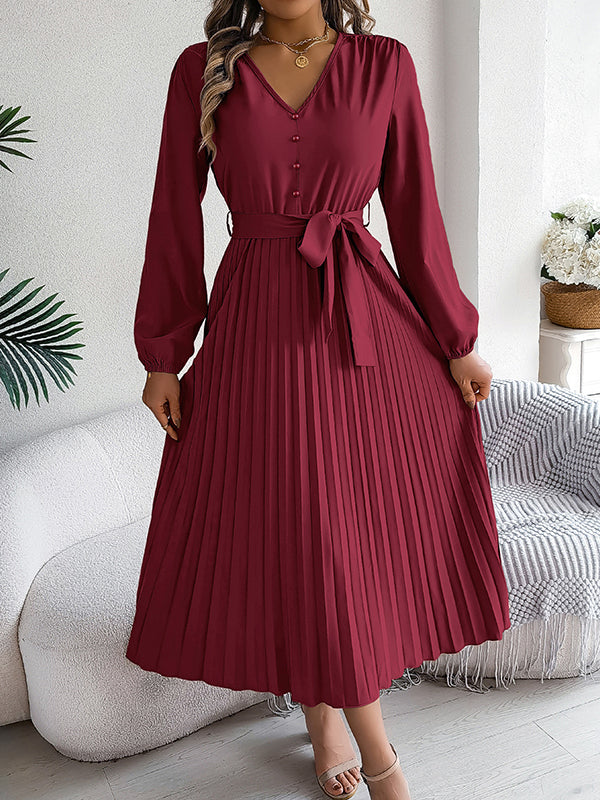 Robe longue boutonnée plissée taille haute, à manches longues, avec ceinture, à col en V, couleur unie