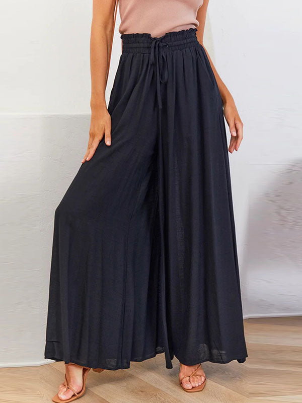Pantalon ample taille haute, à cordon de serrage, à taille élastique, à poches, couleur unie